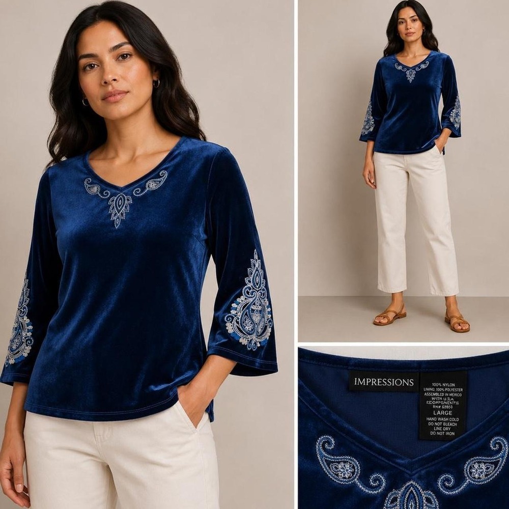 Vintage Blue Velvet Embroidered Top Womens Large Boho 90s Long Sleeve Shirt